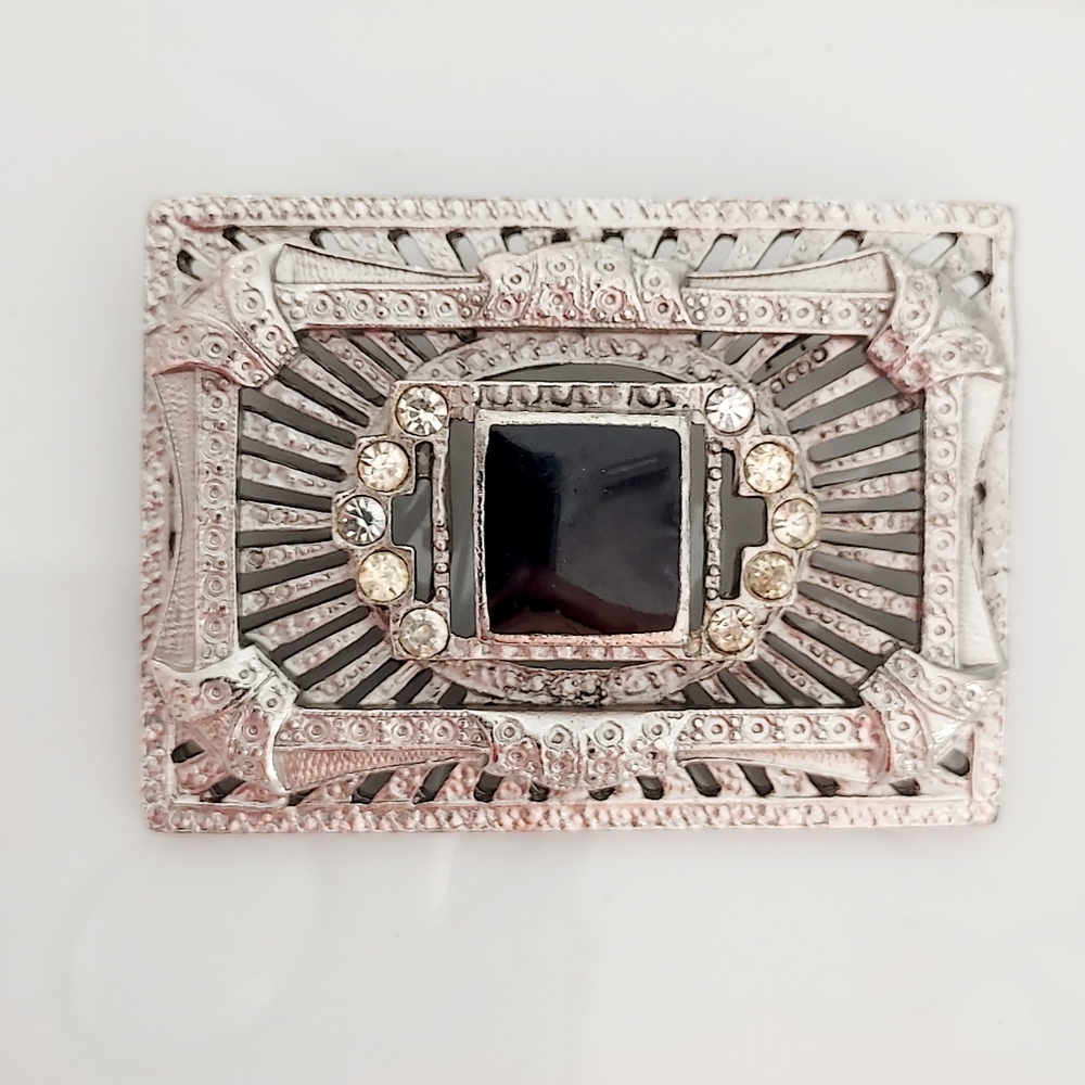 Silver Rectangular Brooch with Rhinestones - Picture 1 of 4